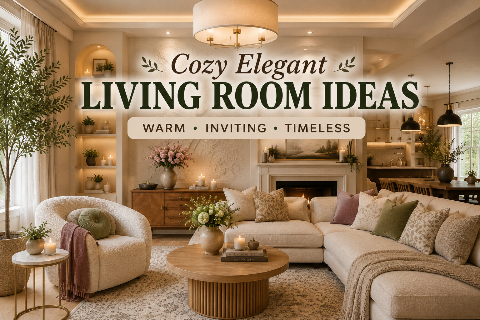 Cozy Elegant Living Room Ideas featuring warm neutral tones, comfortable seating, natural wood, greenery, soft lighting, and a welcoming fireplace.