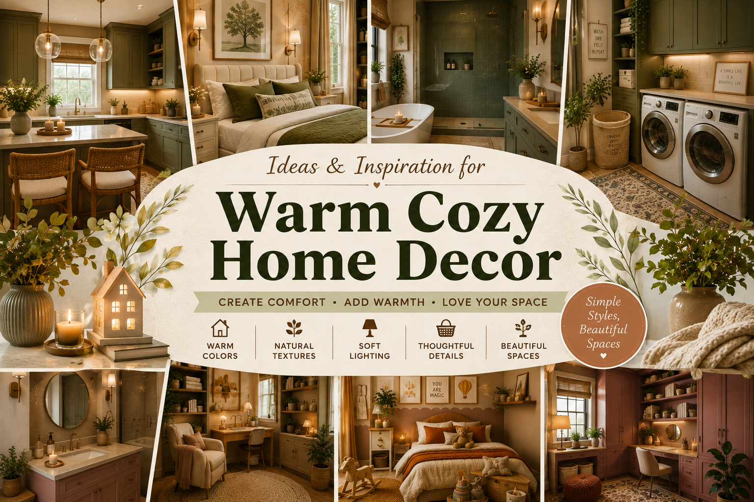 Warm cozy home decor ideas featuring stylish bedroom, bathroom, laundry room, and home office interiors.