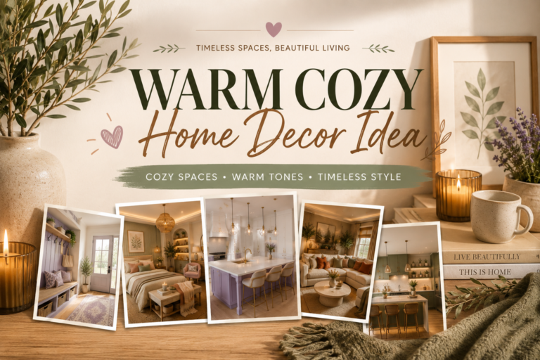 Warm Cozy Home Decor Idea featuring layered neutral tones, natural textures, greenery, candles, and inviting living spaces.