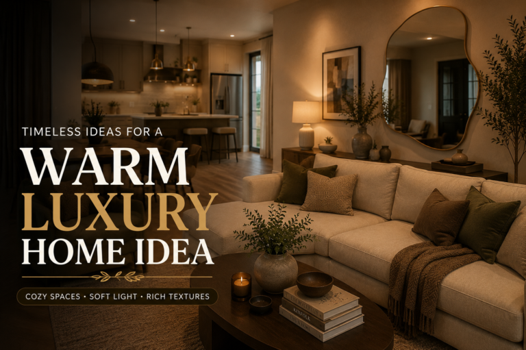 Warm Luxury Home Idea with cozy neutral interiors, elegant dark accents, warm lighting, and sophisticated modern home decor.