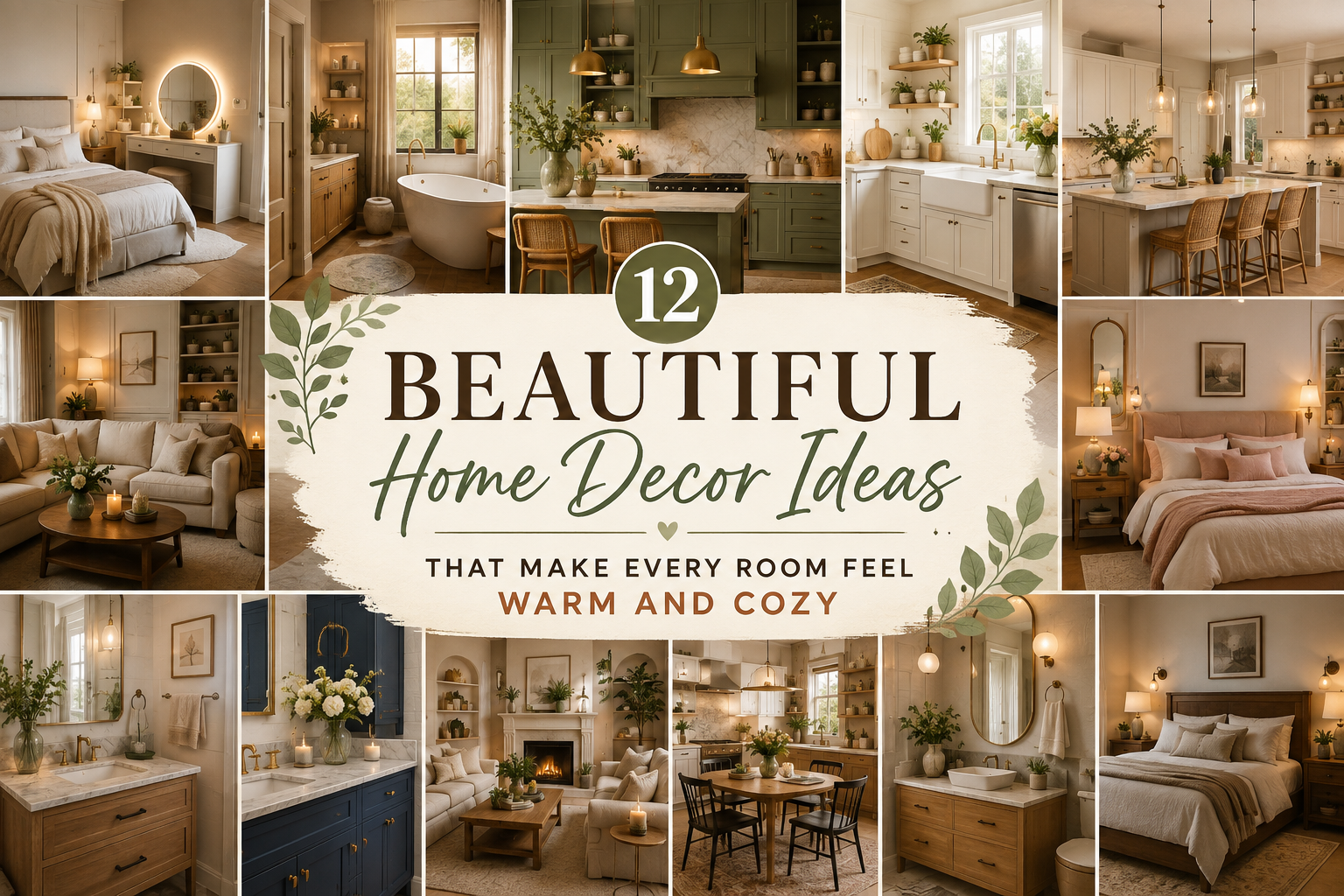 Beautiful Home Decor Ideas featuring cozy bedroom, elegant kitchen, warm living room, and modern bathroom inspiration.