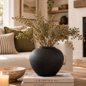 Matte black ceramic vase with dried flowers for modern home decor