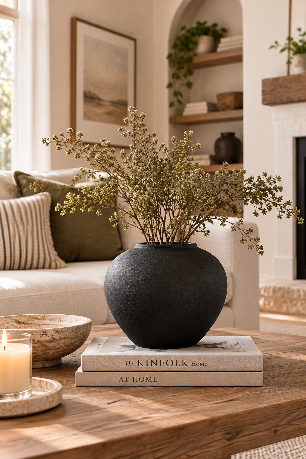 Matte black ceramic vase with dried flowers for modern home decor