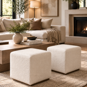White Boucle Ottoman Set of 2 – 18.5" Square Accent Ottomans for Living Room, Bedroom & Home