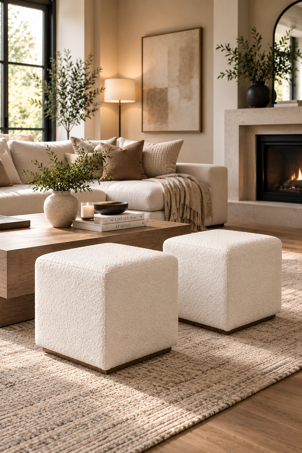 White Boucle Ottoman Set of 2 – 18.5" Square Accent Ottomans for Living Room, Bedroom & Home