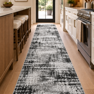 2x8 black abstract runner rug in a modern kitchen
