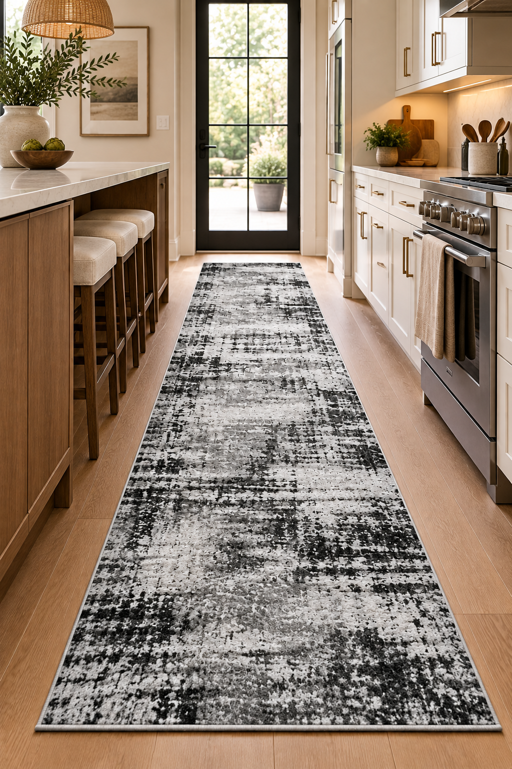 2x8 black abstract runner rug in a modern kitchen
