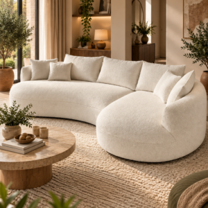Modern Curved Beige Boucle Sectional Sofa – Large L-Shaped Cloud Couch