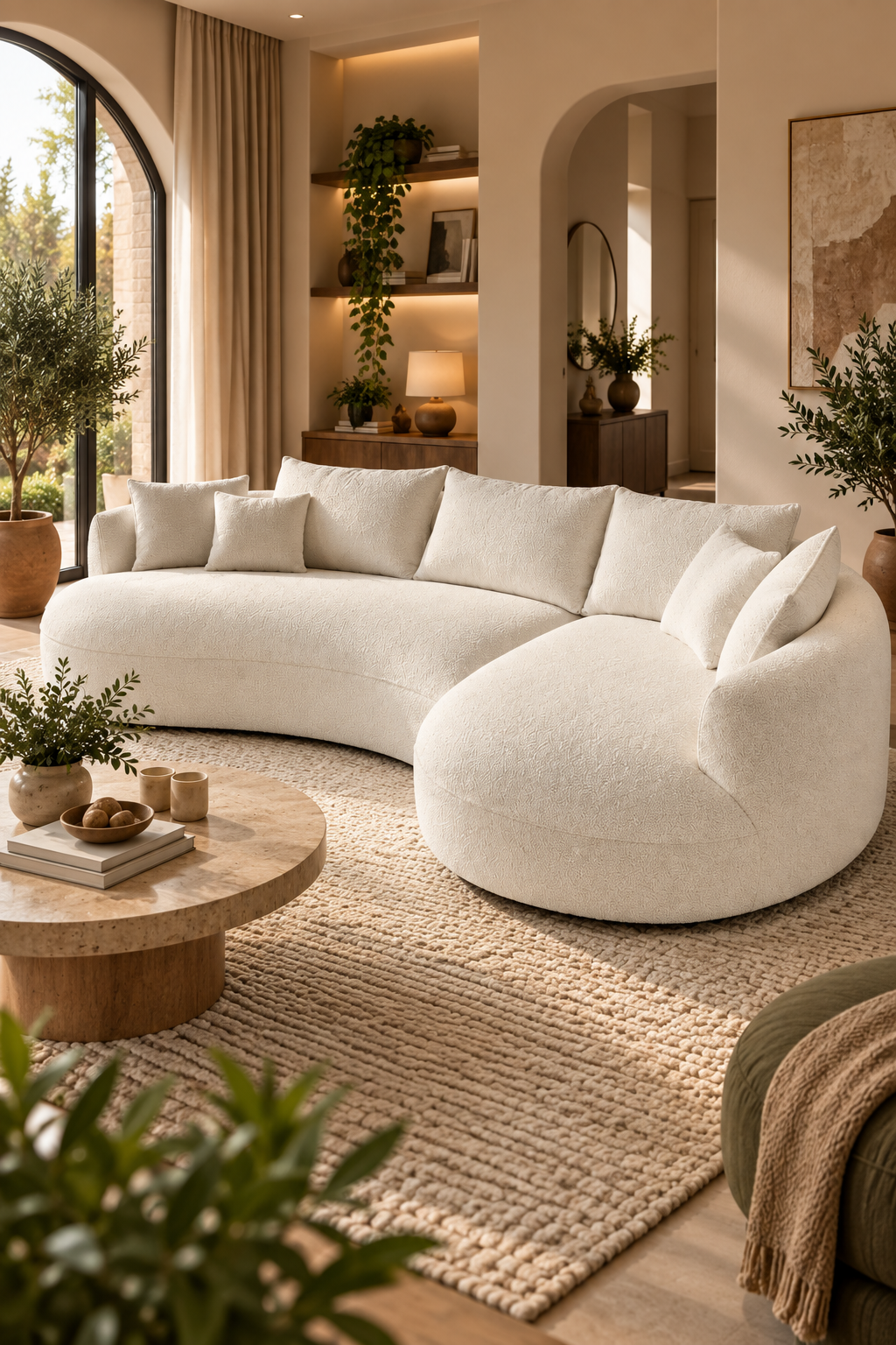Modern Curved Beige Boucle Sectional Sofa – Large L-Shaped Cloud Couch