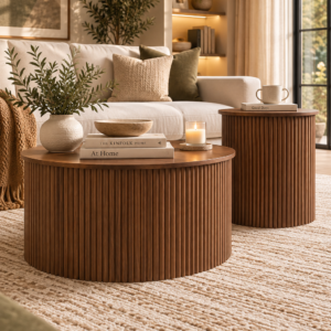 Fluted Round Nesting Coffee Table Set of 2 – Walnut Wood