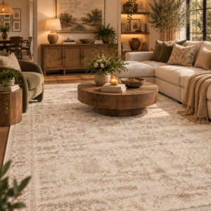 8x10 beige vintage area rug in a cozy living room