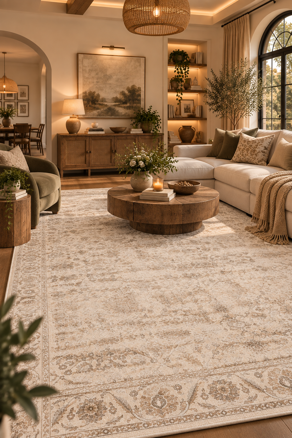 8x10 beige vintage area rug in a cozy living room