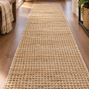 2x7 natural jute and cotton runner rug with ivory braided edges in a warm farmhouse entryway