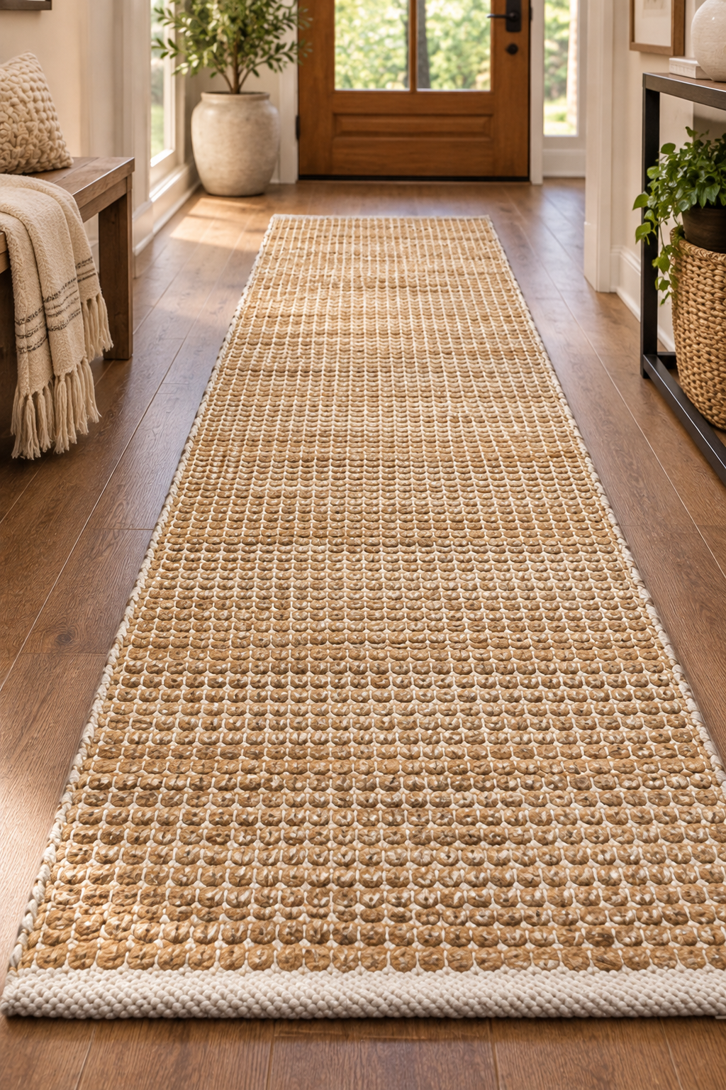 2x7 natural jute and cotton runner rug with ivory braided edges in a warm farmhouse entryway