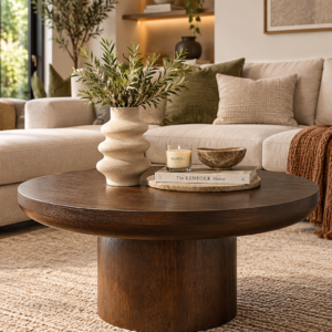 HAMORE 36-Inch Round Wood Coffee Table – Dark Brown Modern Farmhouse Center Table