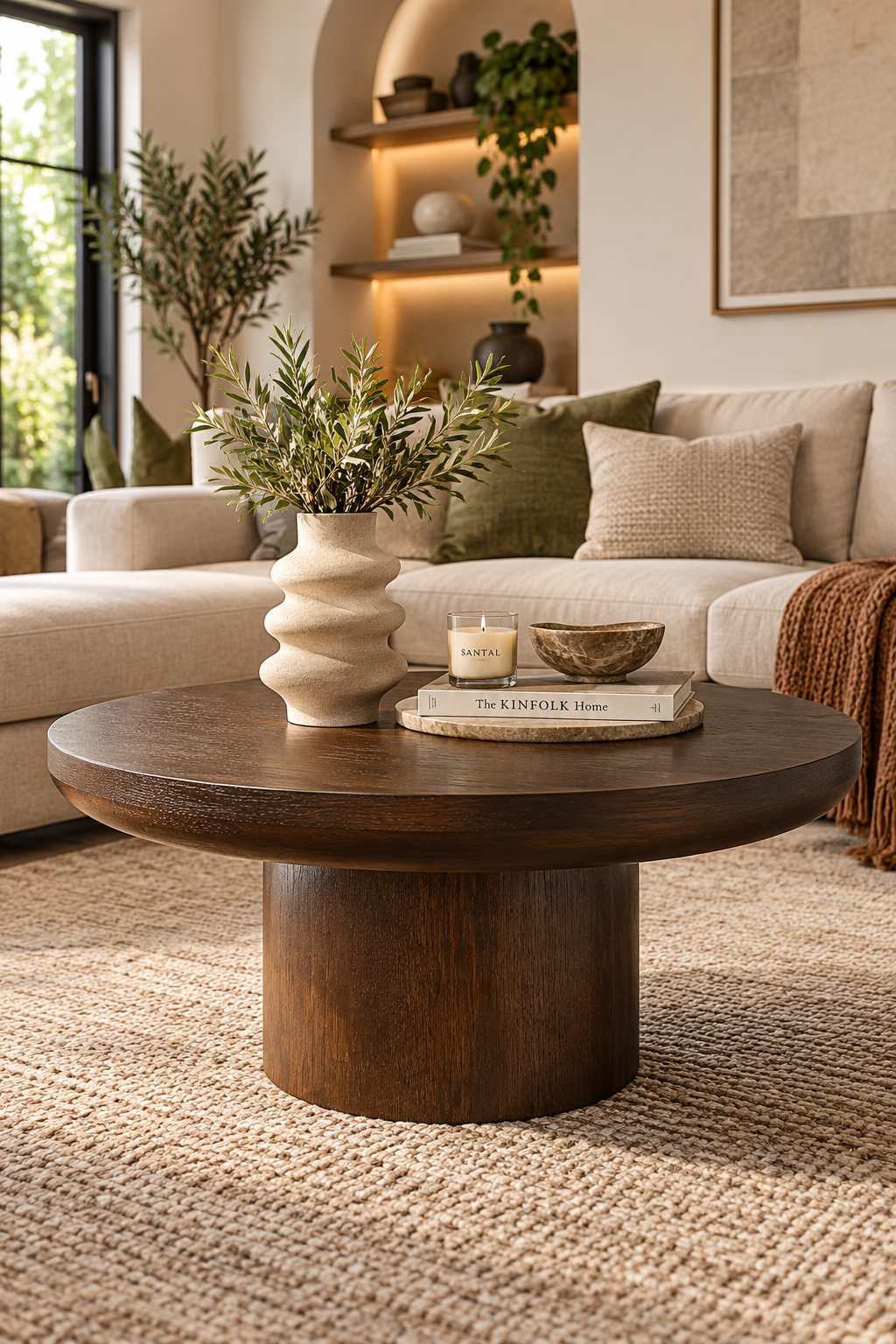 HAMORE 36-Inch Round Wood Coffee Table – Dark Brown Modern Farmhouse Center Table