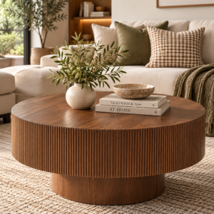 Merax 31.5-Inch Round Walnut Coffee Table with Fluted Base