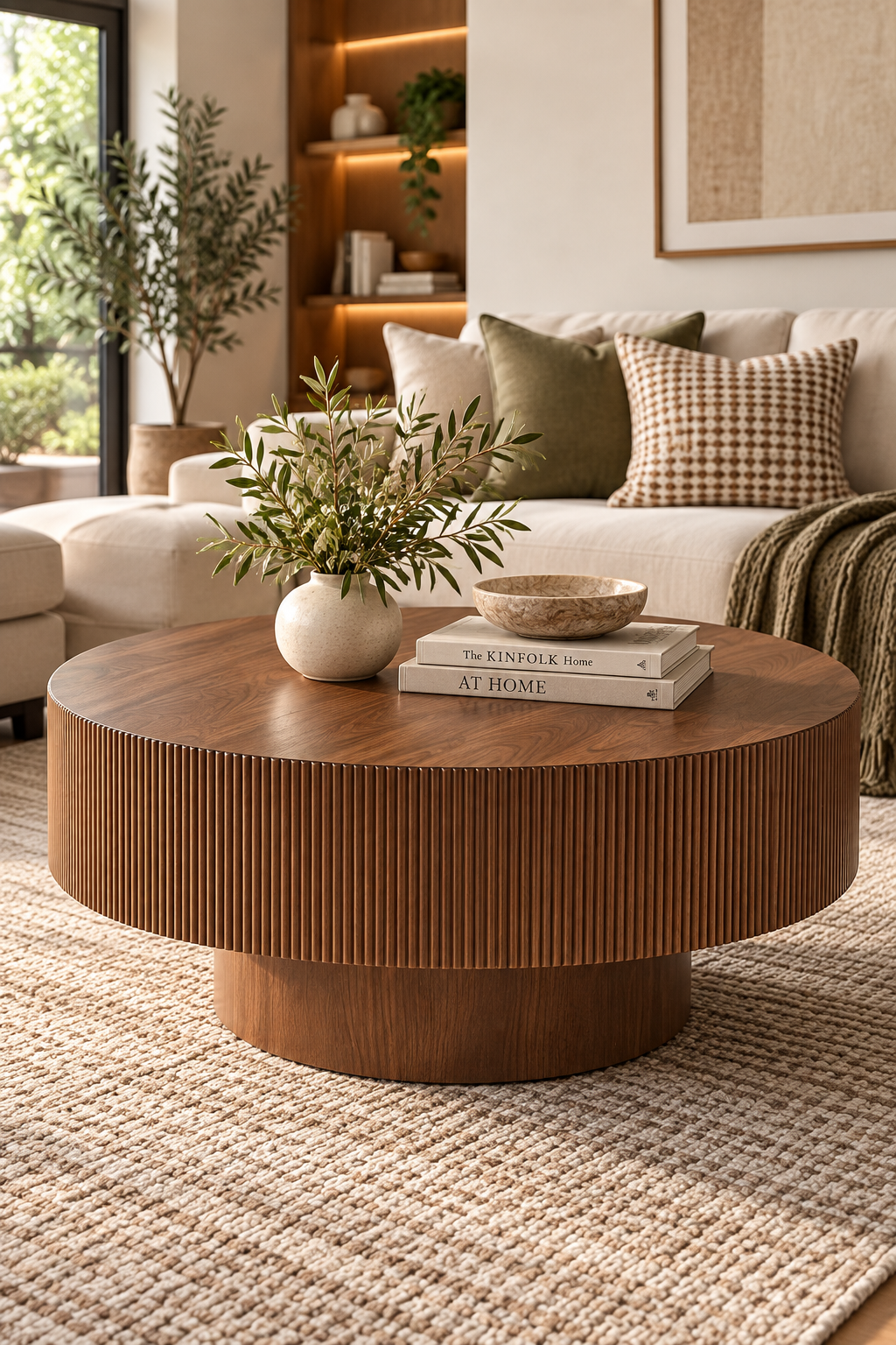 Merax 31.5-Inch Round Walnut Coffee Table with Fluted Base