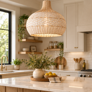 White Woven Bamboo Pendant Light – 50cm Boho Rattan Hanging Lamp