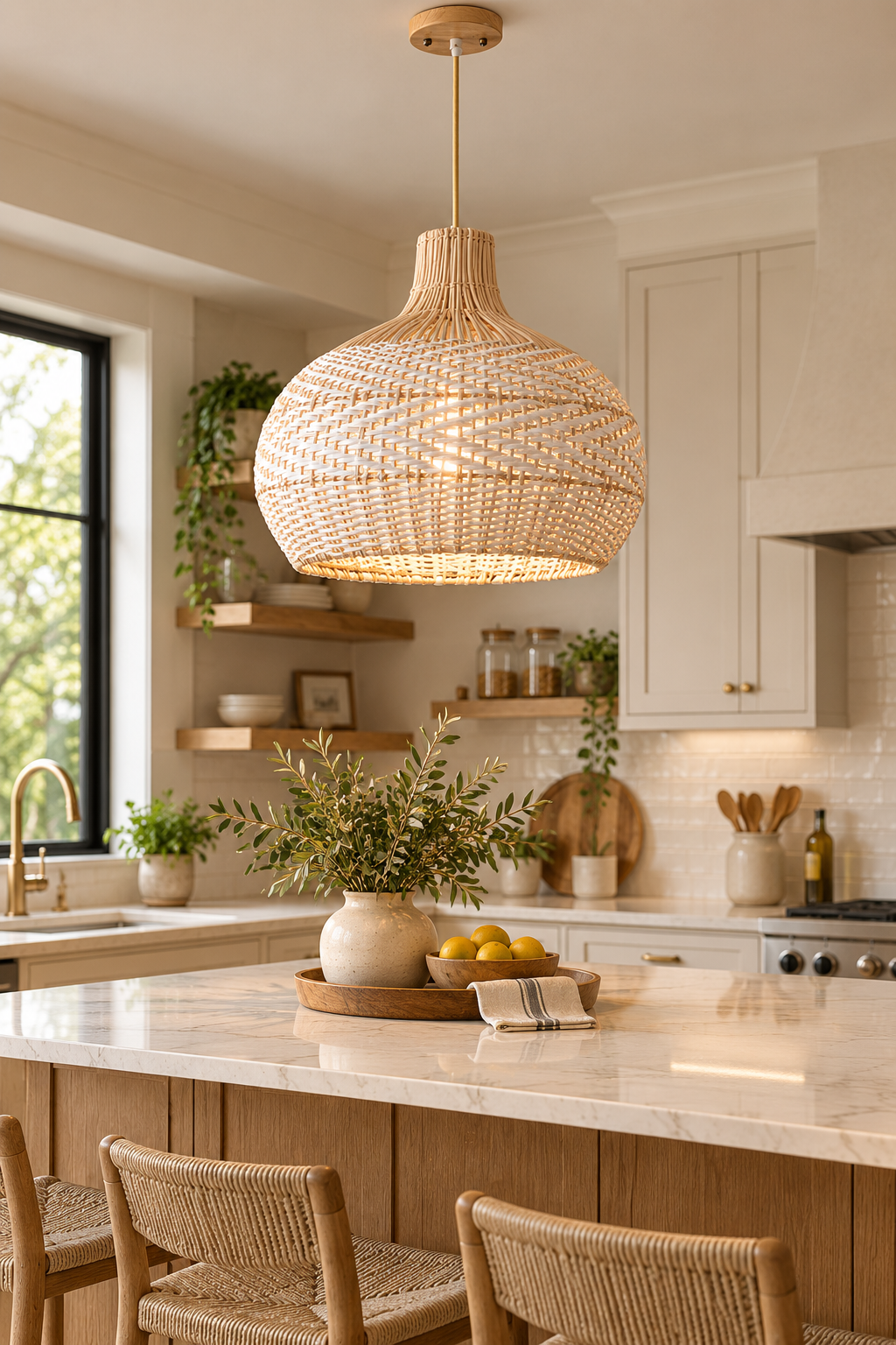 White Woven Bamboo Pendant Light – 50cm Boho Rattan Hanging Lamp
