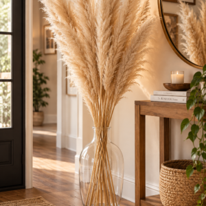 Natural dried pampas grass in a transparent glass vase for cozy home decor