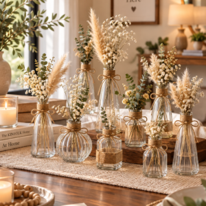 Clear glass bud vases with jute rope and dried flowers for rustic home decor