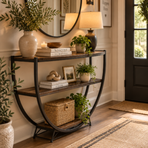 Industrial demilune console table with distressed brown wood finish and 3-tier storage in a cozy entryway