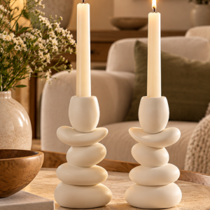 Cream ceramic pebble candle holders set of 2 with lit taper candles