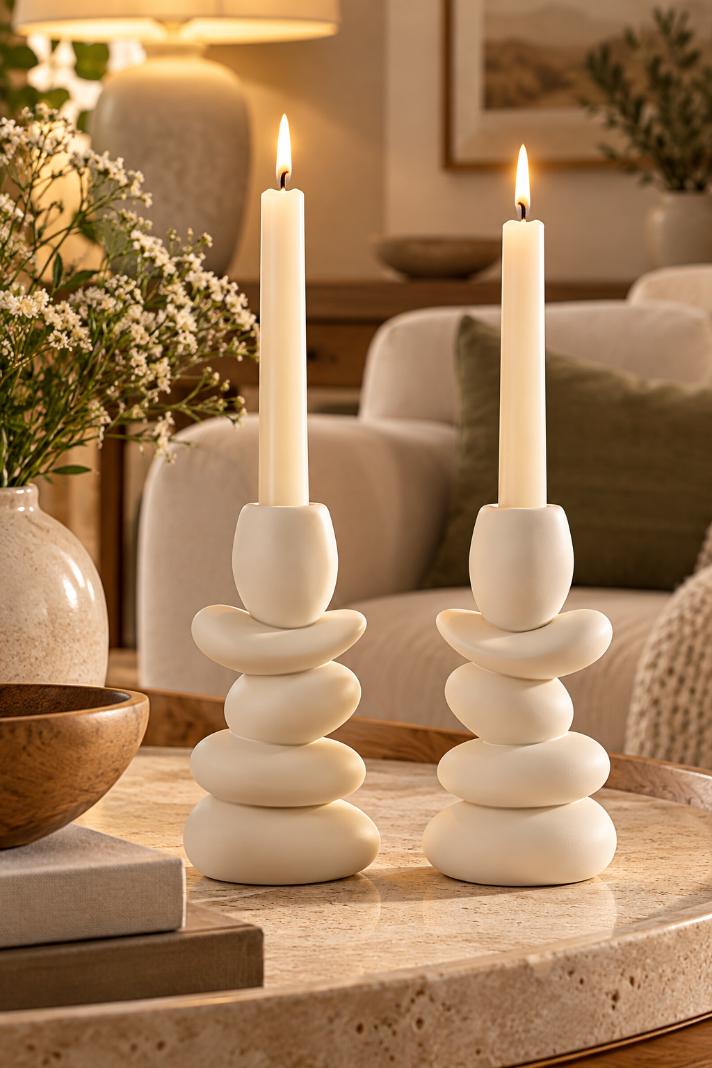 Cream ceramic pebble candle holders set of 2 with lit taper candles
