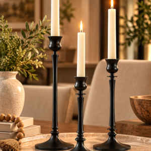 Black taper candle holders set of 3 in matte black metal