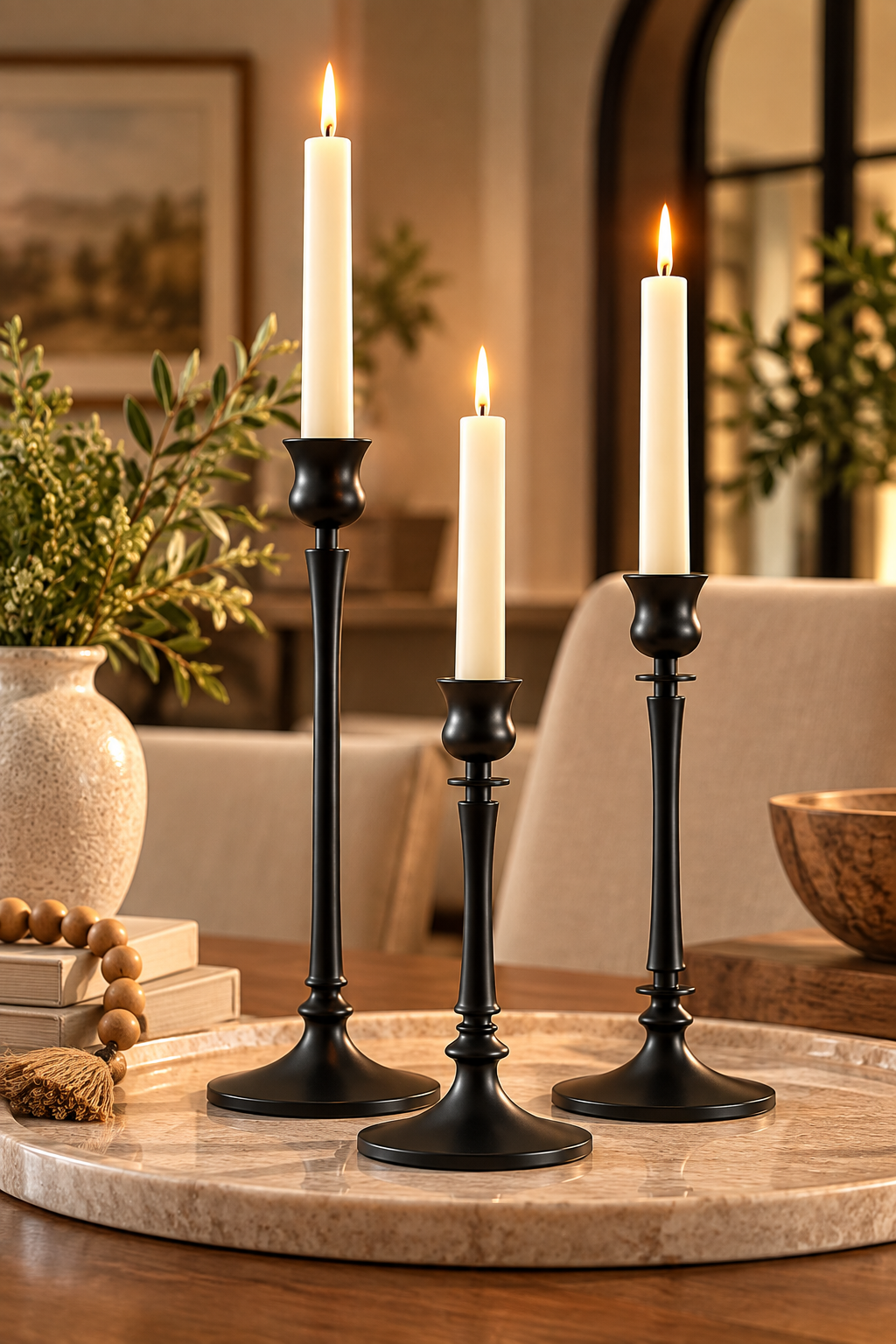 Black taper candle holders set of 3 in matte black metal