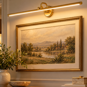 GUIMUIZ gold LED picture light in different home interiors above artwork and mirrors