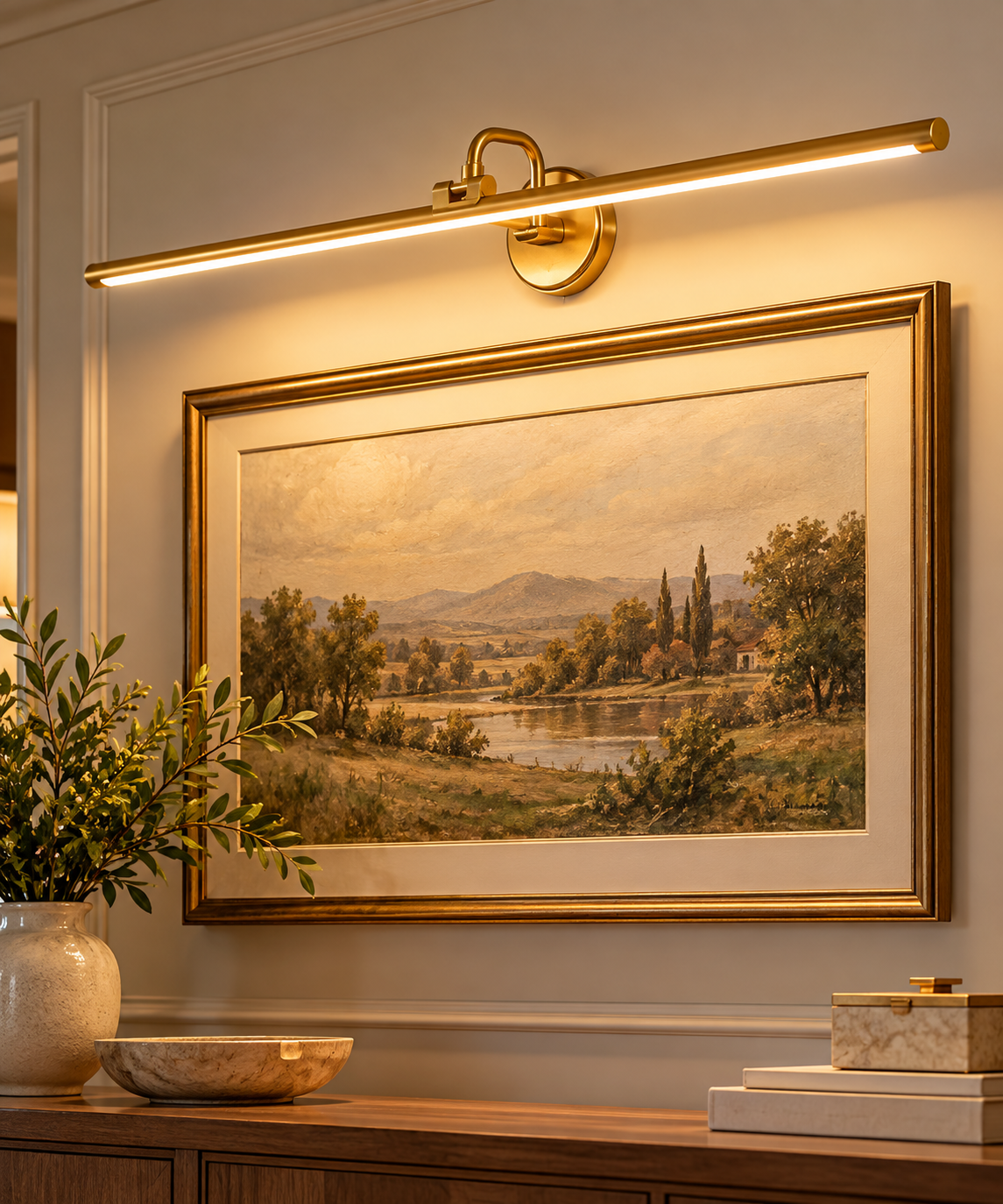 GUIMUIZ gold LED picture light in different home interiors above artwork and mirrors