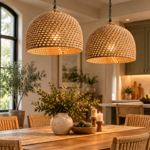 Woven Hemp Rope Pendant Light – Rustic Boho Hanging Lamp