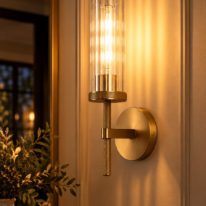 Vookea brass glass wall sconce glowing with warm light at night