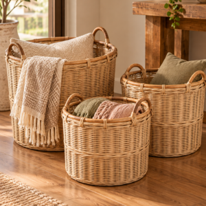 Natural rattan storage baskets set of 3 with woven handles