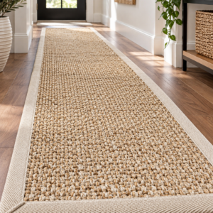 SAFAVIEH natural sisal runner rug in maize linen color in a cozy hallway