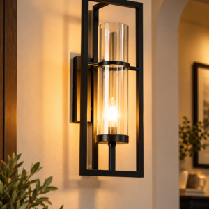 Black iron frame wall sconce with glass shade