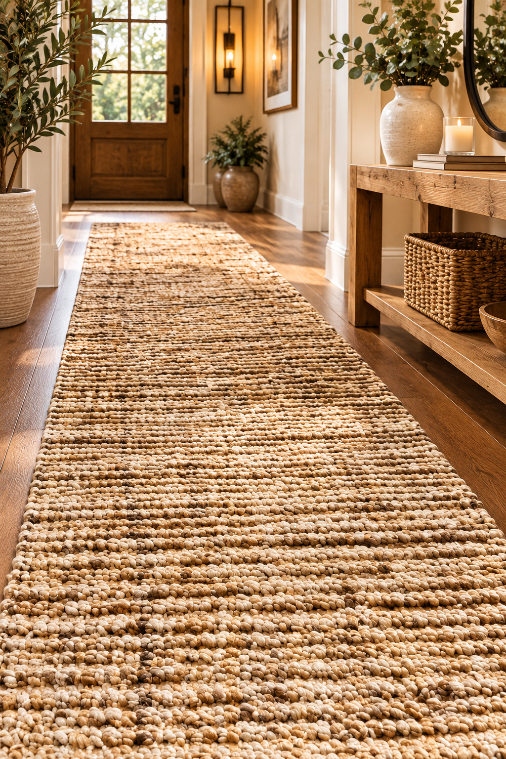 SAFAVIEH natural jute runner rug 2x12 in a cozy neutral hallway