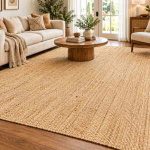 Hand woven natural jute braided 9x12 area rug in a neutral home interior
