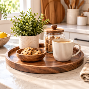 Round natural acacia wood decorative tray for coffee table and home decor