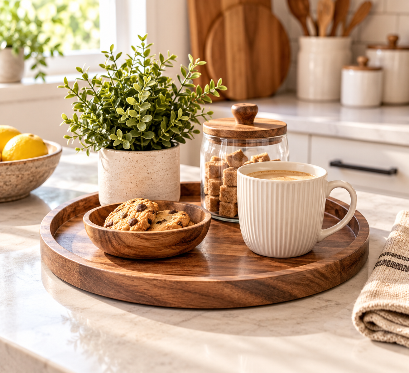 Round natural acacia wood decorative tray for coffee table and home decor