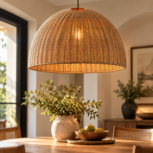 Modern woven rattan pendant light with dome-shaped shade