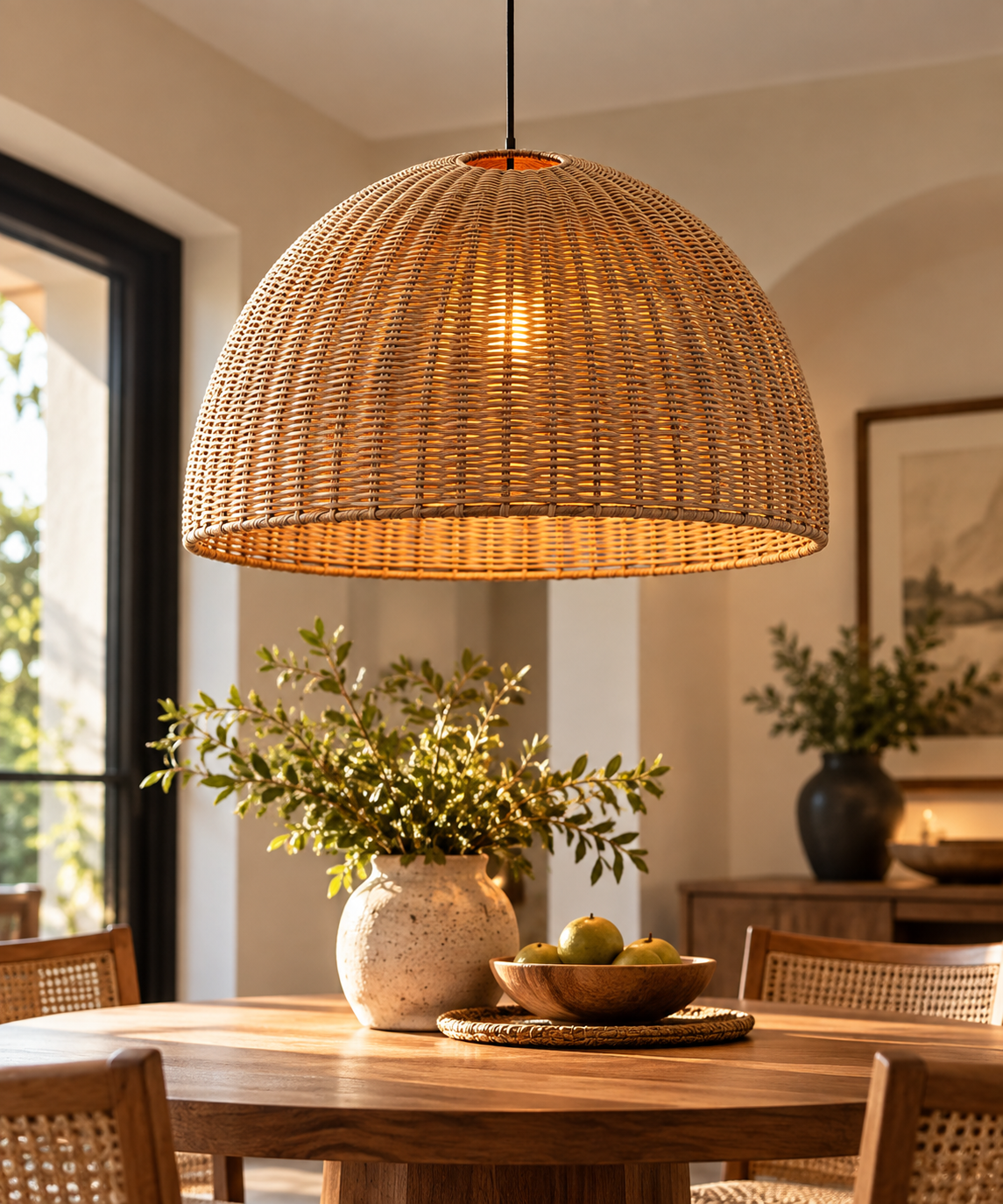 Modern woven rattan pendant light with dome-shaped shade