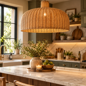 Handwoven brown rattan pendant light with dome-shaped woven shade