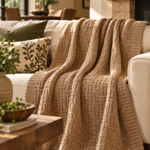 Light brown 100% cotton cable knit throw blanket on a sofa