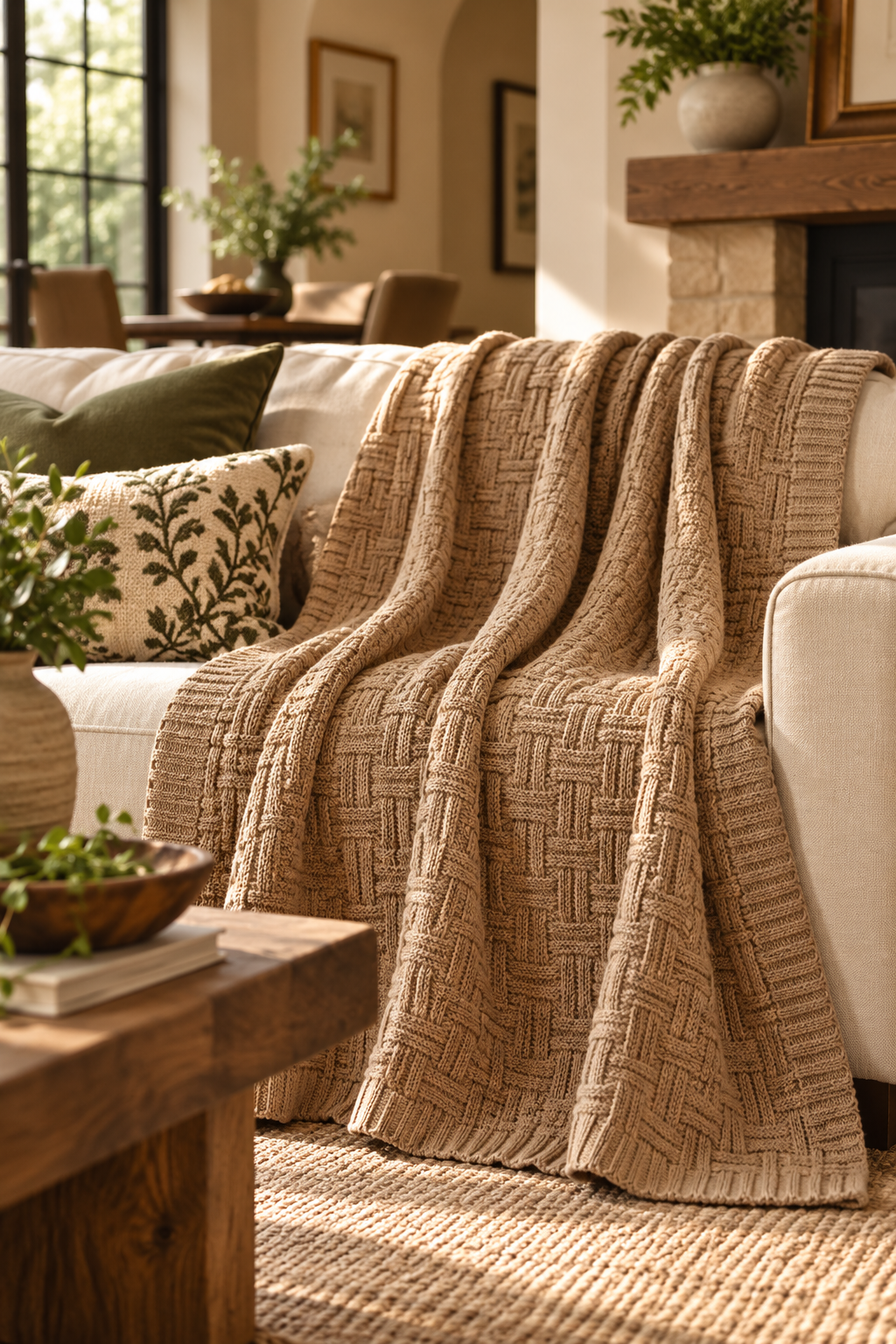 Light brown 100% cotton cable knit throw blanket on a sofa