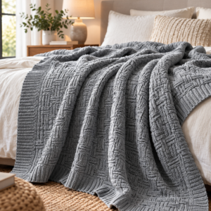 Grey cable knit throw blanket draped over a cozy sofa
