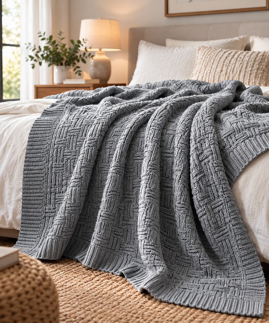 Grey cable knit throw blanket draped over a cozy sofa