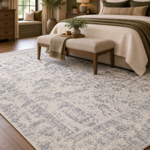 Gray vintage floral washable area rug with soft low pile and non-slip backing